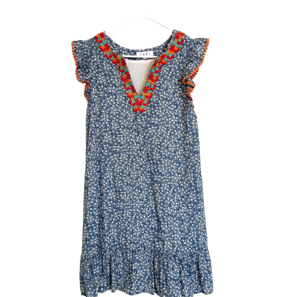 THML Blue Floral Boho Dress Small Embroidered V Neck Flutter Sleeve Ruffle Hem - Picture 2 of 7
